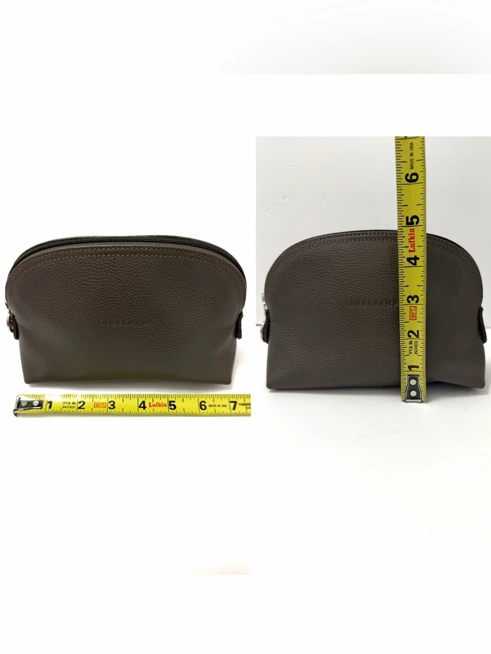 Longchamp Le Foulonné Pebbled Leather Zipper Pouch Bag Travel Makeup Gray Taupe